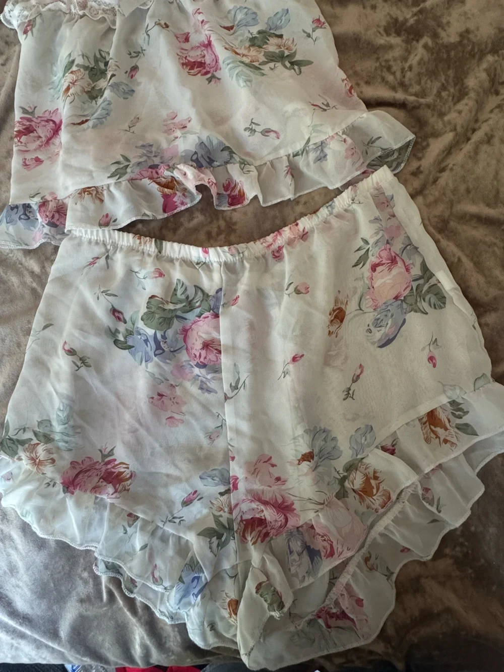 Floral Chiffon Pajama Set Co-ord Lace Camisole Shorts 2pc